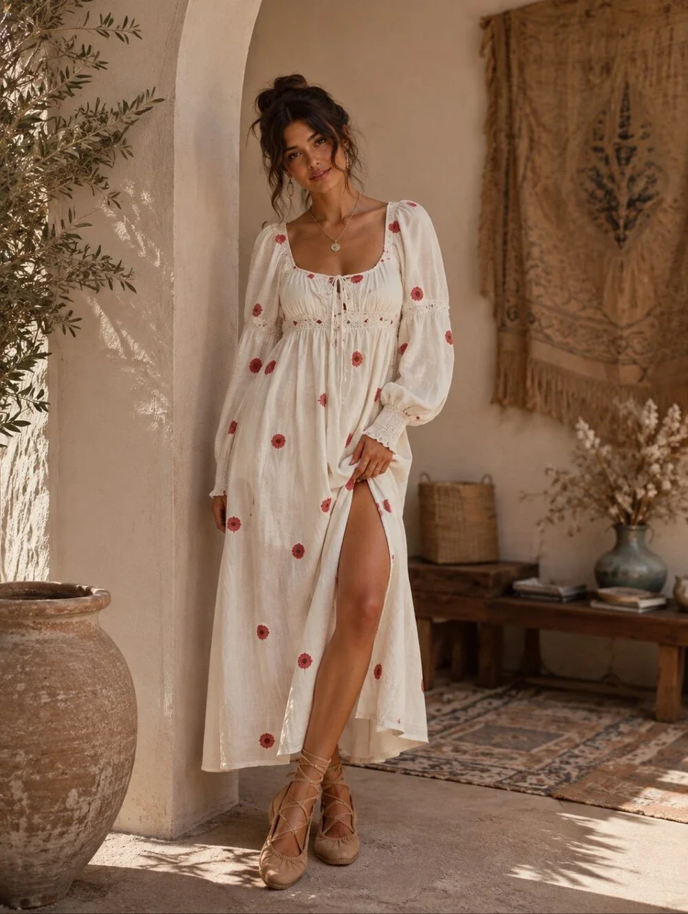 FREE‎ PEOPLE NWOT LINEN Blend EMORY EMBROIDERED MIDI DRESS Slit Side LS IVORY L